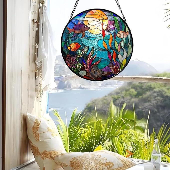 AMDERVEN Stained Glass Window Hanging - Blue Ocean World Small Fish Coral Sun Catcher for Door Garden Home Decor Sea Suncatcher Christmas Mother's Day Birthday Gifts for Women Men Mom Nana 9.8 in