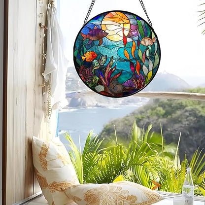 AMDERVEN Stained Glass Window Hanging - Blue Ocean World Small Fish Coral Sun Catcher for Door Garden Home Decor Sea Suncatcher Christmas Mother's Day Birthday Gifts for Women Men Mom Nana 9.8 in