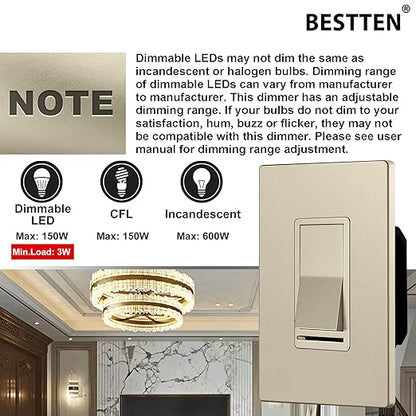 BESTTEN 5 Pack Matte Champagne Gold Dimmer Light Switch, Single Pole or 3-Way, Compatible with Dimmable LED, CFL, Incandescent and Halogen Bulb, 120VAC, Signature Collection, UL Listed