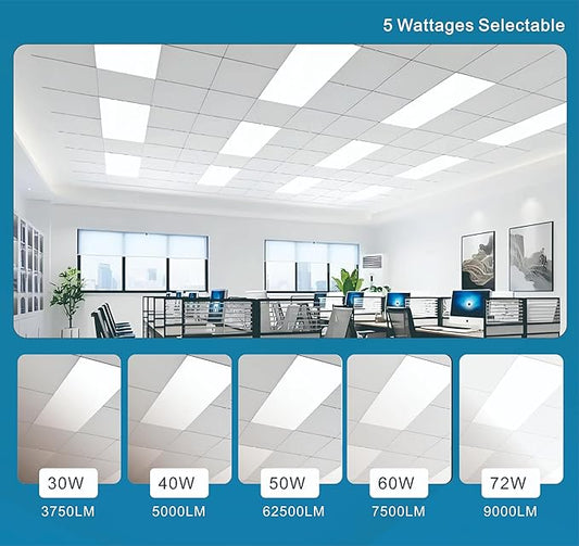 2x4 FT LED Light Flat Panel, 40-72W, 5 CCT 3K | 3.5K | 4K | 5K | 6.5K, Dimmable Recessed Drop Ceiling Lights, 3750/5000/6250/7500/9000 Lumens, Lay in Fixture for Office, 120-277V, UL DLC(72 Pack)
