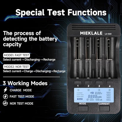 18650 Battery Charger, MIEKLALE 4 Bay Battery Charger with LCD Display Fast Charge for Rechargeable Batteries Li-ion 26650 18650 16340 10440 14500 20700,NI-MH NI-Cd AA AAA