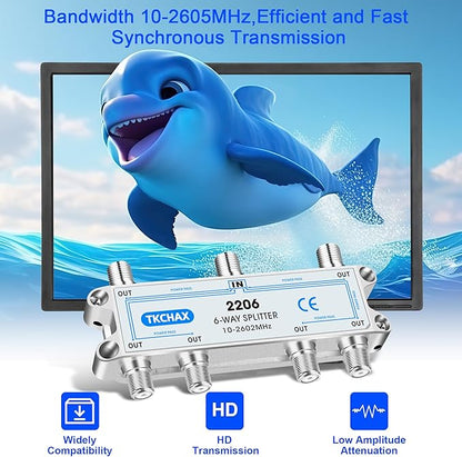 TKCHAX Coaxial Cable Splitter,Support 10-2602MHz,RG6 RG59 Coax Compatible,Work with MoCA2.5 and MoCA3.0, CATV, Satellite TV, Antenna, HDTV and High Speed Internet (6 Way Coaxial Cable Splitter)