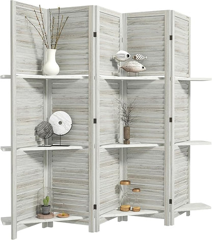 HOMCOM Room Divider, 5 Panel 67" Tall Wood Privacy Screen with 3 Display Shelves, and Folding Storage for Bedroom or Home Office, Distressed White