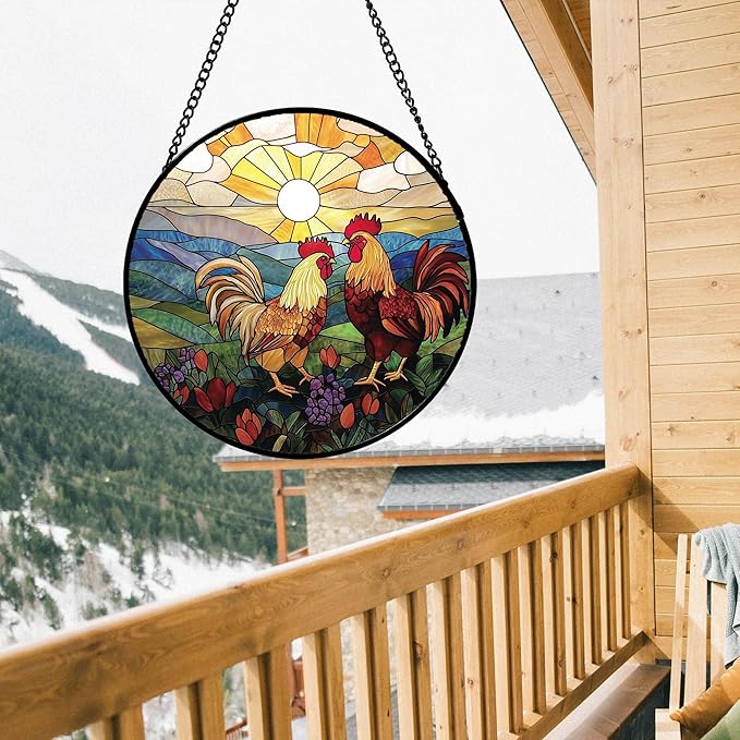AMDERVEN Stained Glass Window Hanging, Countryside Scenery Chicken Sun Catcher for Door Home Decor Sunrise Suncatcher Christmas Mother's Day Birthday Gifts for Women Men Mom Nana 15 in