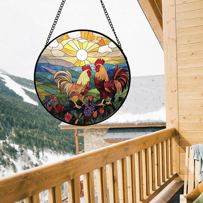 AMDERVEN Stained Glass Window Hanging, Countryside Scenery Chicken Sun Catcher for Door Home Decor Sunrise Suncatcher Christmas Mother's Day Birthday Gifts for Women Men Mom Nana 7.8 in