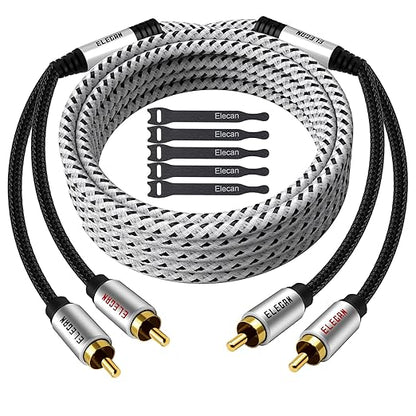 Elecan Premium RCA Cable 4 Ft (Hi-Fi Sound-16 AWG-Shielded) 2 RCA Male to 2 RCA Male Stereo Audio Cable, Gold Plated-Aluminum Alloy Shell-Pure Copper-Braided RCA Cord for Home Theater Speakers + Ties