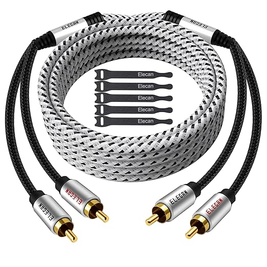 Elecan Premium RCA Cable 100 Ft (Hi-Fi Sound-16 AWG-Shielded) 2 RCA Male to 2 RCA Male Stereo Audio Cable, Gold Plated-Aluminum Alloy Shell-Pure Copper-Braided RCA Cord for Home Theater Speakers +Ties