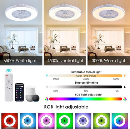 HUMHOLD 24" Bladeless Ceiling Fans with Lights and Remote/APP/Voice Control, Low Profile Ceiling Fan with RGB Lights, Enclosed Flush Mount Ceiling Fan for Kid's Bedroom/Living Room