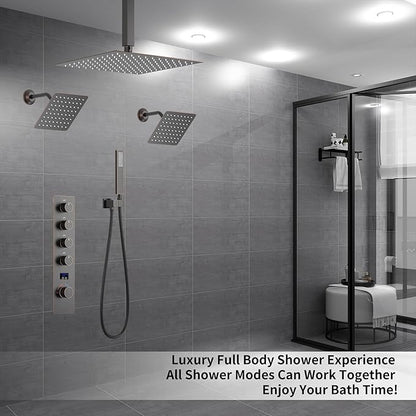 KATAIS Oil Rubbed Bronze Digital Display Shower System with 12 inch Ceiling Mounted Shower Head and Wall Mounted Two Shower Head(8 inch), with Handheld Shower