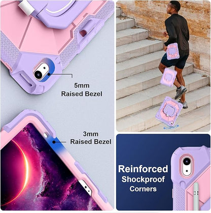 Case for iPad (A16) 11th Generation 11 Inch (2025), iPad 10th Generation Case 10.9 Inch (2022), Shockproof Cover with 360° Rotating Stand Screen Protector Pen Holder Shoulder Strap, Purple Pink