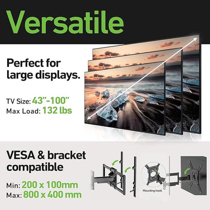 Heavy Duty Dual Arm Articulating TV Wall Mount Bracket for Hisense U76 QLED 100U76N 100 Inch TV - Tilt & Swivel with Reduced Glare