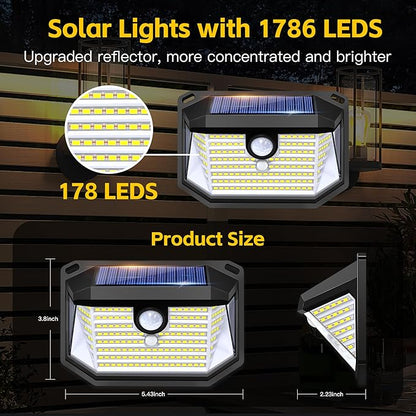 FAXBOX Solar Lights Outdoor Motion Sensor, 178 LED 300LM Waterproof IP65, Wall Mounted Security Light with 3 Modes, 270° Wide AngleWide Angle, Solar Powered for Garden, Yard, Patio, Front Door(4Pack)