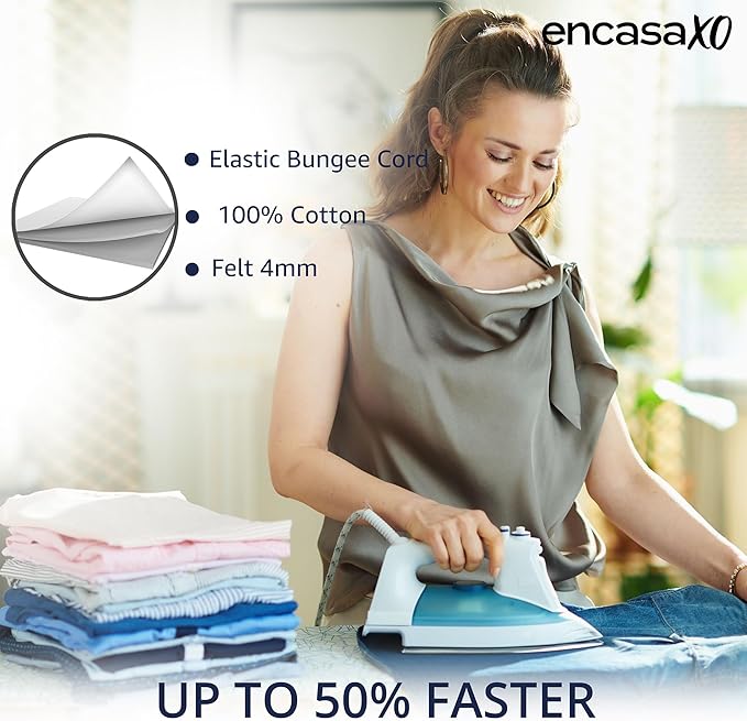 Encasa XO Ironing Board Cover and Pad 49"x18" - 4mm Felt Wide Iron Board Cover with Padding - Heat Resistant, Stain-Safe Dye, Non Slip Elastic Bungee Cord Tightening Iron Table Cover Ice Blue