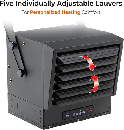 Comfort Zone 10,000W Hard-Wired Garage Heater – Industrial & Commercial Ceiling Mount, 240V Fan-Forced Heater with Remote, Digital Thermostat, Timer, 2 Heat Settings, Overheat Protection, Black