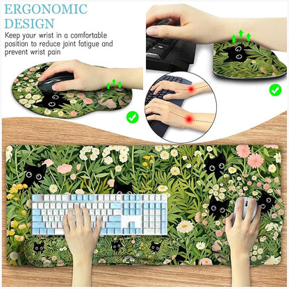 LIMKRIAN Cat Ergonomic Mouse Pad with Wrist Rest Desk Mat Set, Green Gaming Mouse Pad Wrist Support, Keyboard Mat Wrist Rest Cup Coaster Funny Office Decor