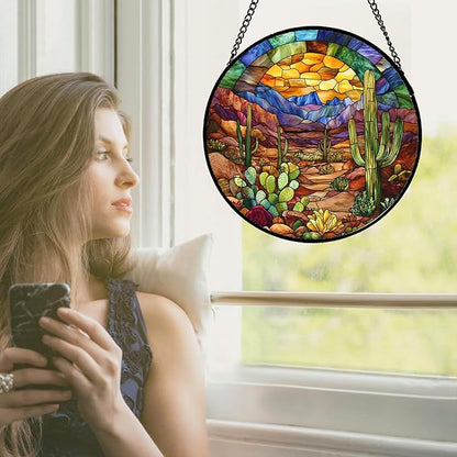 CRISGIF Stained Glass Window Hanging Cactus Mountains Landscape Large 15" - Suncatcher Door Garden Sunroom Sun Catcher Home Decor Birthday Christmas for Mom Men Woman Nana