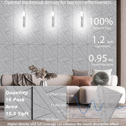 16 Pack Self-Adhesive Soundproof Wall Panels, 12 x 12 x 0.47 in Sound Proof Foam Panels for Walls, 1.2lb/ft³ High Density, Thicker 0.47in, Acoustic Panels, Noise Dampening Panels Studio Gray