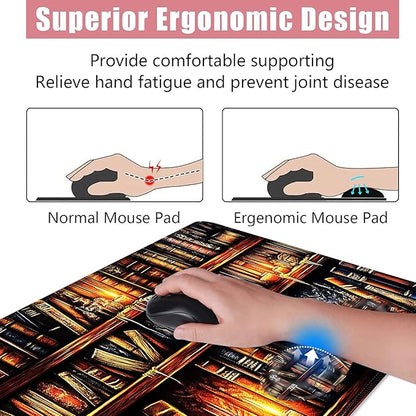 BFUKVOU Large Keyboard Mouse Pad Set, Extended Mouse Pad+Keyboard Wrist Rest Support, Memory Foam Ergonomic Easy Typing, 4Pcs (31.5×11.8 in) Desk Pad Set for Office Home,Vintage Bookshelf