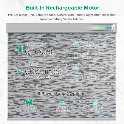 Kilonity Motorized Roller Shades, Light Filtering Remote Control Custom Window Shades Compatible with Alexa Google Assistant via RF Hub, Rechargeable Electric Blinds for Windows (Texture Black Grey)