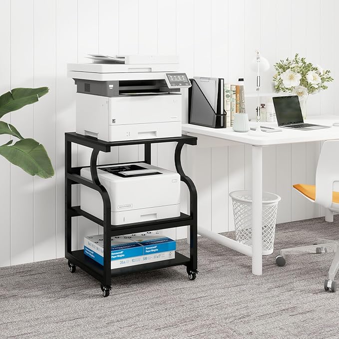 Natwind Large Printer Stand,24''x20''x29''Printer Table with Adjustable Storage Shelf,3 Tier Rolling Printer Cart with Wheels,Home Office Multifunctional Shelves for Heat Press (Black)
