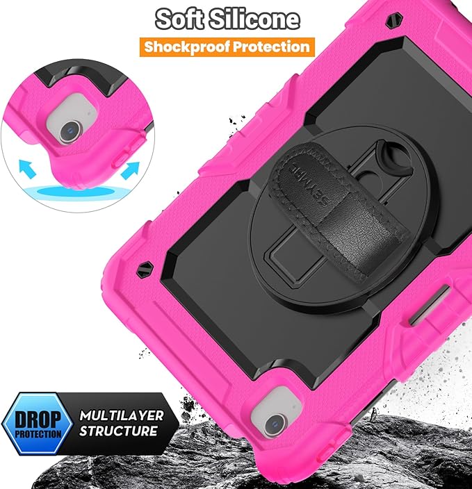 SEYMAC for iPad Air 5th/ 4th Generation Case 10.9 Inch, Full-Body Shockproof Protective Case with Screen Protector, Rotating Stand/Handle/Shoulder Strap for iPad Air 5/ Air 4, Black/Pink
