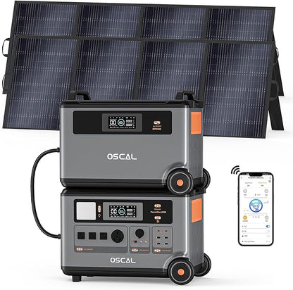 OSCAL 6000 Portable Power Station with 500W Solar Panels, 3600Wh LiFePO4 Battery with 3600Wh Expansion Battery Pack, 6000W(9000W Peak) Solar Generator for Camping, Home, Emergency