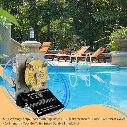 careNEW T101M Mechanical Timer Switch (Mechanism Only) - 120V 2HP 40A SPST Pool Pump Timers, 12 ON/Off 24 Hour Wall Timer Switches with Tripper for Lights, Water Heater, Pool Pump Systems