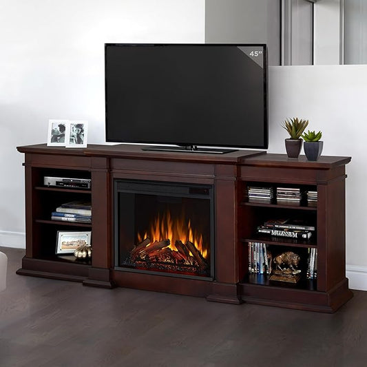 Real Flame Fresno 72" TV Stand with Electric Fireplace Dark Walnut, Entertainment Center with Electric Fireplace, Living Room TV Stand with Fireplace, fits up to 70" TV