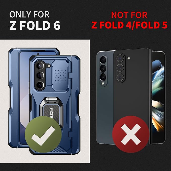 TONGATE for Z Fold 6 Case with Ring Stand, Built-in S Pen Holder & Glass Screen Protector Shockproof Rugged Z6 Phone Case with Slide Camera Cover & Belt Clip for Samsung Galaxy Z Fold 6 2024, Blue