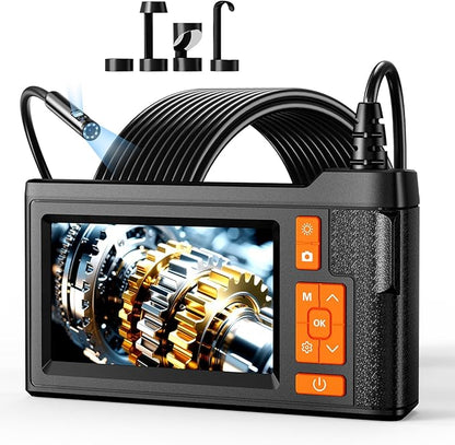 Dual Lens Endoscope Camera with Light, 4.3" Borescope with Photo/Video Function & Free(Built in 32GB Card), 16.4FT Semi-Rigid Snake Cable with IP67 Waterproof for Pipe, Engine & HVAC Inspection