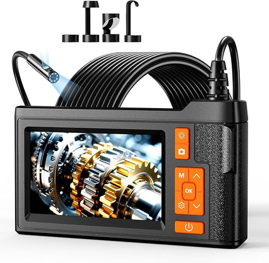 Dual Lens Endoscope Camera with Light, 4.3" Borescope with Photo/Video Function & Free(Built in 32GB Card), 16.4FT Semi-Rigid Snake Cable with IP67 Waterproof for Pipe, Engine & HVAC Inspection
