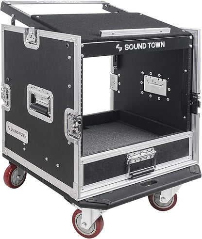 Sound Town 10U PA DJ Pro Audio Rack/Road ATA Case with 2U Drawer, 11U Slant Mixer Top, DJ Work Table, Casters, Pro Tour Grade (MR-DR10U)