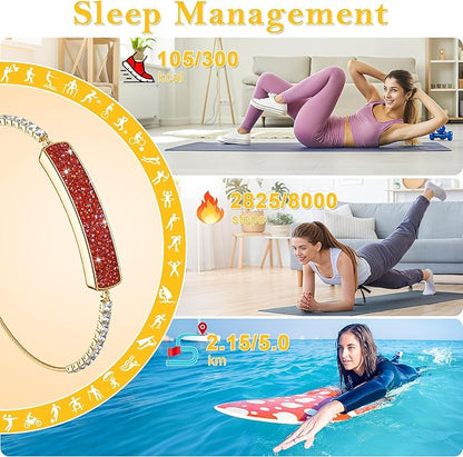 Smart Bracelet for Women, Jewelry Fitness Tracker with 2 Bands, Heart Rate & SPO₂ Monitor, Stress & Sleep Tracking, Step & Calorie Counter, 5ATM Waterproof for iOS & Android, No Subscription, Red