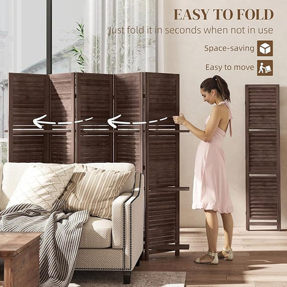 HOMCOM Room Divider, 5 Panel 67" Tall Wood Privacy Screen with 3 Display Shelves, and Folding Storage for Bedroom or Home Office, Walnut