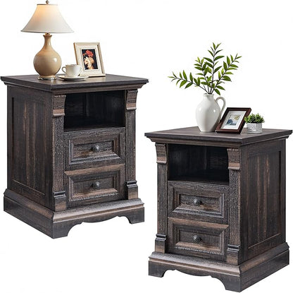 T4TREAM Farmhouse Nightstand Set of 2, 18" Sofa Side Table with Charging Station, Wood End Table w/Roman Column, Bedside Cabinet for Bedroom, Living Room, Dark Rustic Oak