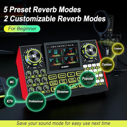 Audio Mixer, Sound Board for Pc/Phone Live Streaming Singing Gaming, Sound Mixer for 3.5/6.35mm Dynamic Microphone, Live Sound Card with DJ Mixer Effects & Voice Changer, Denoise, One Click Mute