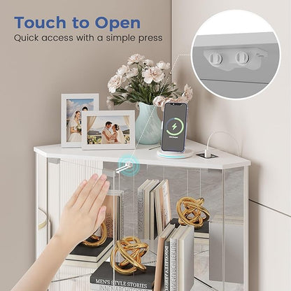 Dystler Corner Display Cabinet with Glass Doors, Small Display Case with 3-Color LED Lights and Charging Station, 2-Tier Curio Cabinet with Storage and Shelf, White