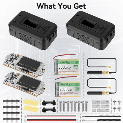 Meshnology 2 Set ESP32 Lo Ra V3 Module Board with 915 MHz Antenna + 3000mAh Battery + Case - WiFi Blue Tooth SX1262 CP2102 0.96” OLED Display Type C for Ar duino Mesh Tastic IoT (N35, Black)