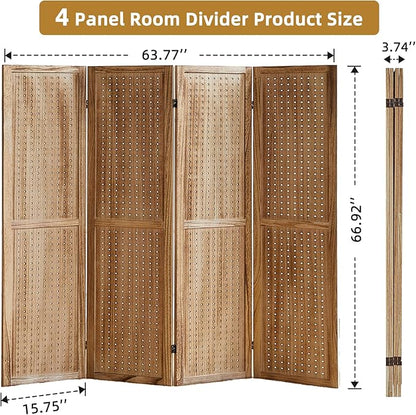 Asnefeli Pegboard Display Room Divider with 16 Hooks, 4 Panel 5.6Ft Wood Room Divider Folding Privacy Screen, Portable Freestanding Wall Organizer for Retail Craft Art Display Board, Natural