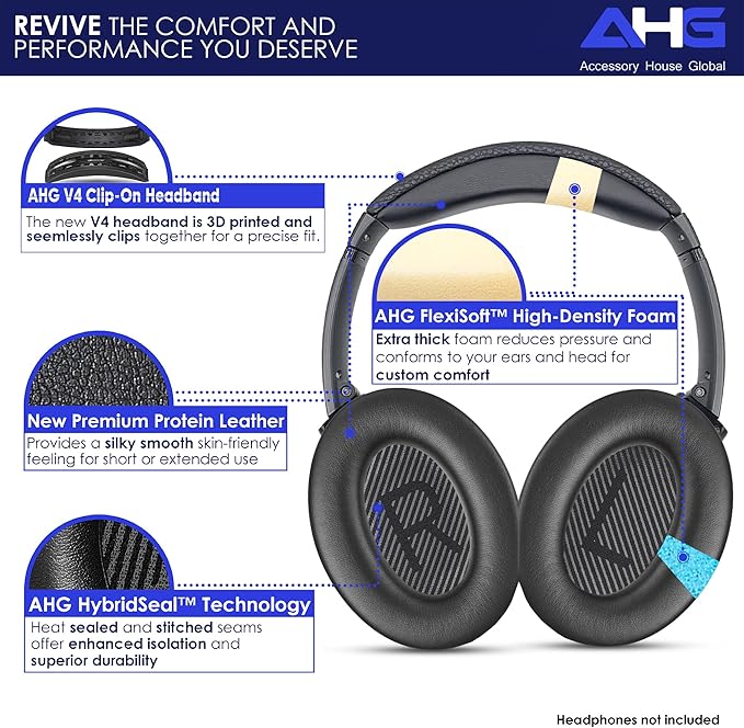 Replacement QC Ear Pad and Headband Pad Kit Cushion. Compatible with Bose QuietComfort (2023) QC45 QC35 QC35 II QCSC QCSE Wireless Noise Cancelling Headphones (Black)