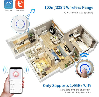 SINGCALL Tuya WiFi SOS Wireless Calling Caregiver Pager System Calling Alert System for Patients Seniors Elderly Disabled 1 Plugin Receiver 1 Smart Emergency Call Button (only Supports 2.4GHz Wi-Fi)