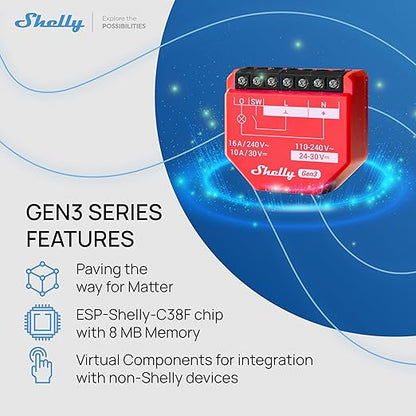 Shelly 1PM Gen3 | WiFi Smart Relay Switch with Power Metering, 1-Channel 16A | Home Automation | Compatible with Alexa & Google Home | iOS Android App | No Hub | Wireless Lighting Control