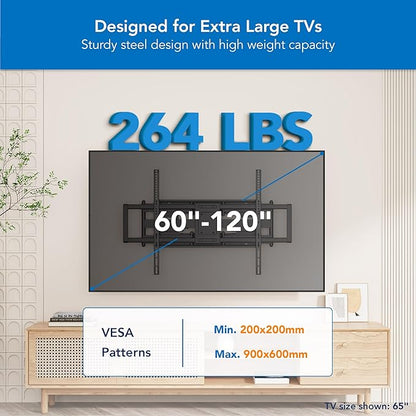 Mount-It! Heavy Duty XXL Full Motion TV Wall Mount for Extra Large TVs, max VESA 900x600, Holds up to 264lb, Swivel Tilt Extension Adjustable TV Mount for 60" 65" 75" 80" 85" 90" 98" 100" 115" 120 in