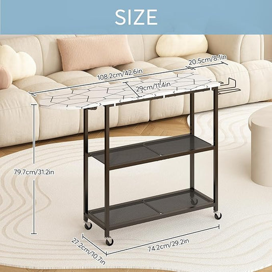 GILLAS Ironing Board with 2 Tier Storage Basket, Movable Ironing Board Full Size for Iron Rest & Clothes, Tabletop Ironing Boards, Ironing Stand Iron Boards Ironing Table Rustic, White