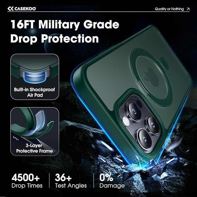 CASEKOO Designed for iPhone 13 Pro Max Case with Magnetic Invisible Stand [Military Drop Protection] [Compatible with MagSafe] Shockproof Translucent Matte Slim Promax Phone Cover 6.7", Green