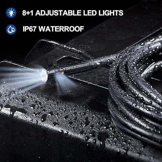 Dual Lens Endoscope Camera with Light, 4.3" Borescope with Photo/Video Function & Free(Built in 32GB Card), 16.4FT Semi-Rigid Snake Cable with IP67 Waterproof for Pipe, Engine & HVAC Inspection