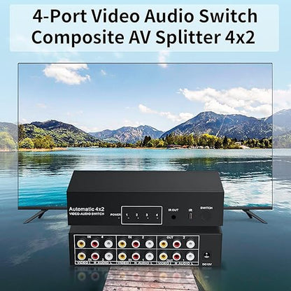 BolAAzuL RCA Switch Splitter 4 in 2 Out - Composite Video L/R Audio Selector Box 4X2, 4-Way RCA Switcher - 4 Port AV Splitter Selector Switch - for Wii PS2 Xbox DVD STB HDTV