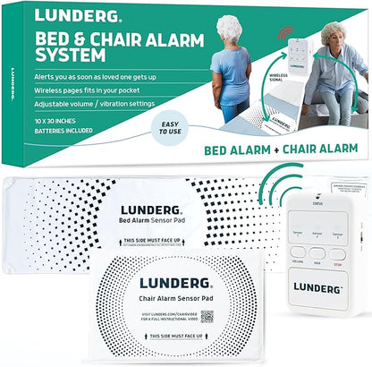 Lunderg Bed Alarm for Elderly Adults & Chair Alarm Set - Wireless Bed Sensor Pad (10” x 30”), Chair Sensor Pad & Pager - Alarms and Fall Prevention for Seniors & Dementia Patients - Full Caregiver Set