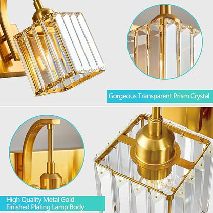 FDPBY Crystal Vanity Lights 3-Light Gold Bathroom Vanity Lights Modern Crystal Bathroom Light Fixtures Over Mirror 23.62" Long Vanity Light for Bathroom
