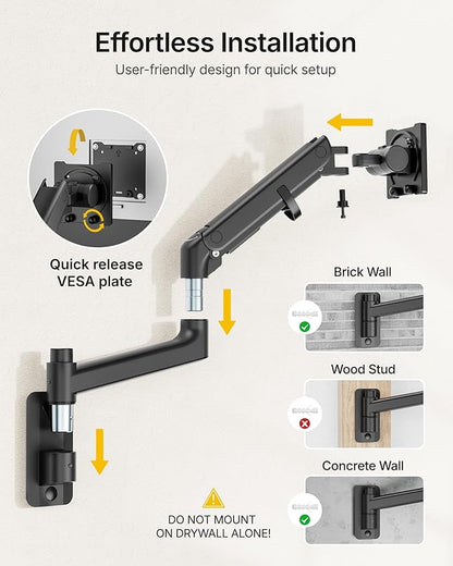 monTEK Monitor Wall Mount for 17-57“ up to 59.4 lbs Ultrawide Screens, Single Heavy-Duty Aluminum Gas Spring Monitor Arm with Full Motion Adjustment, VESA 75x75/100x100 Compatible, Black